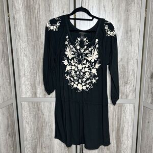 Lucky Brand Mini Dress Tunic Embroidered Bohemian Black and Ivory Size S